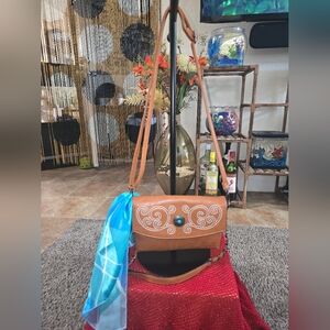 Sam & Hadley Stylish Brown Leather Crossbody Bag with Turquoise Accent